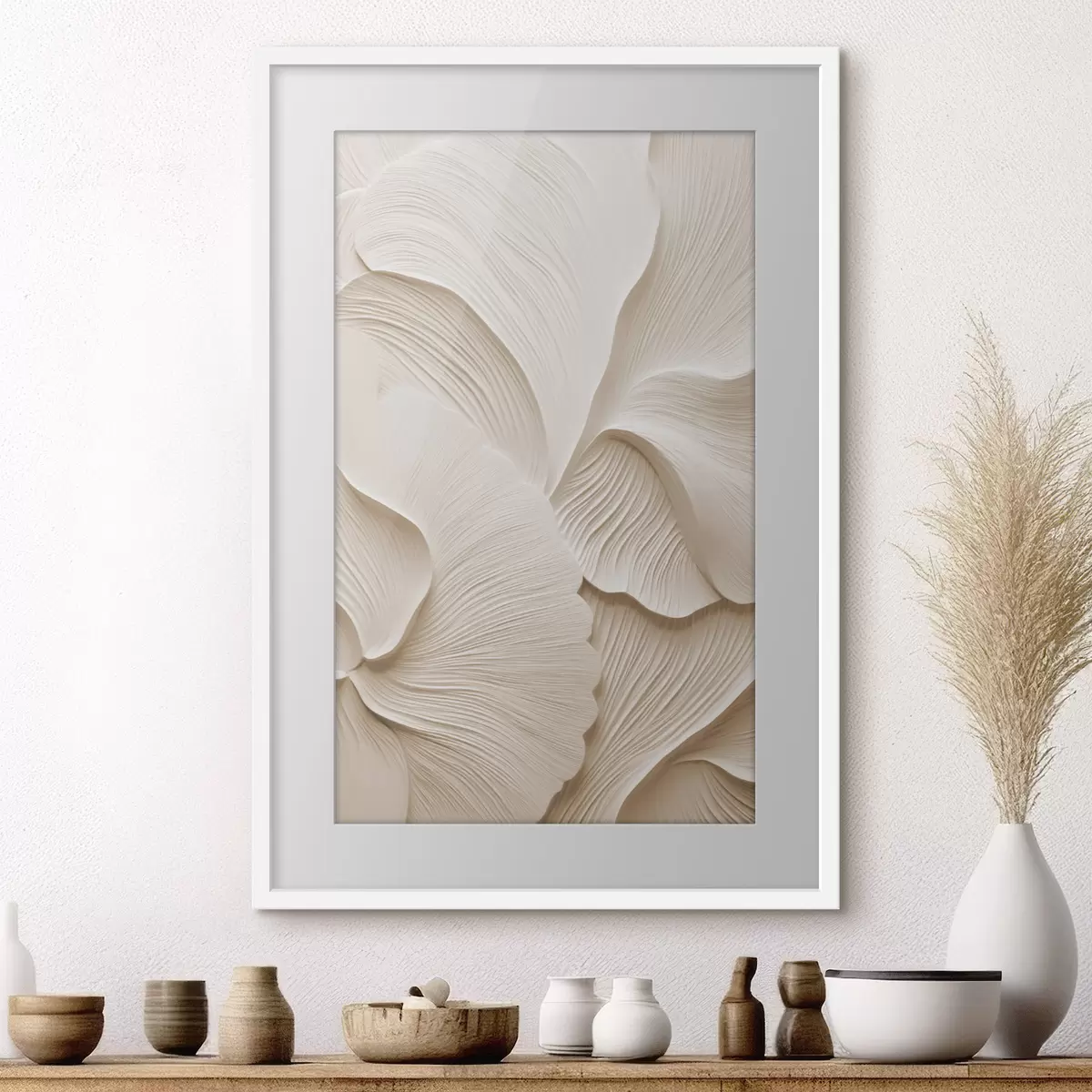 Poster Foglie stratificate di colore crema che formano motivi floreali astratti, opera d’arte materica f49770