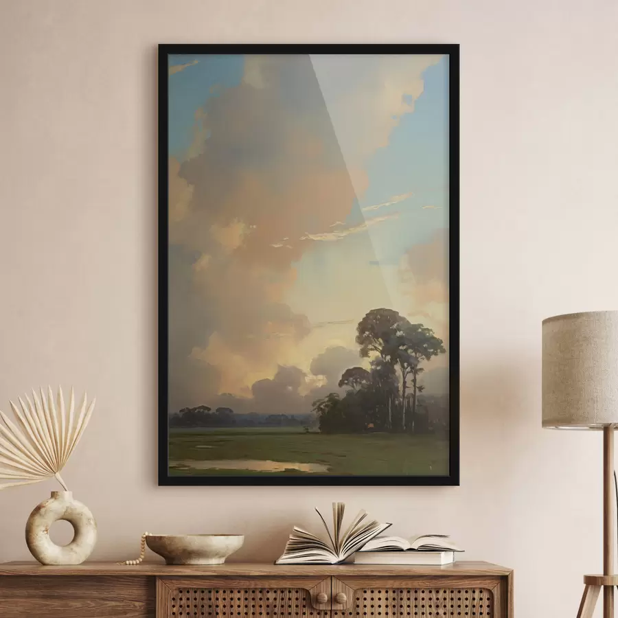 carta da parati Un paesaggio con un prato erboso e alberi in lontananza, cielo nuvoloso nr. f49774