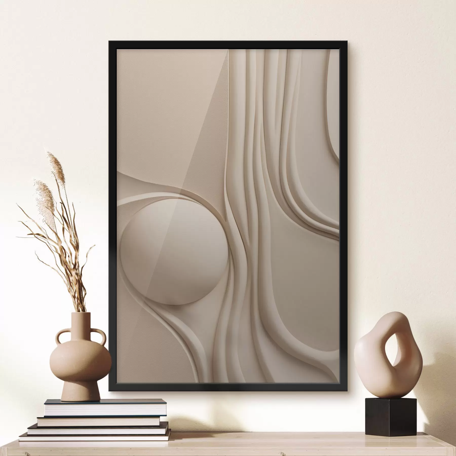 carta da parati Un'opera d'arte astratta color beige, dalla trama ricca, con linee fluide e una sfera nr. f49776