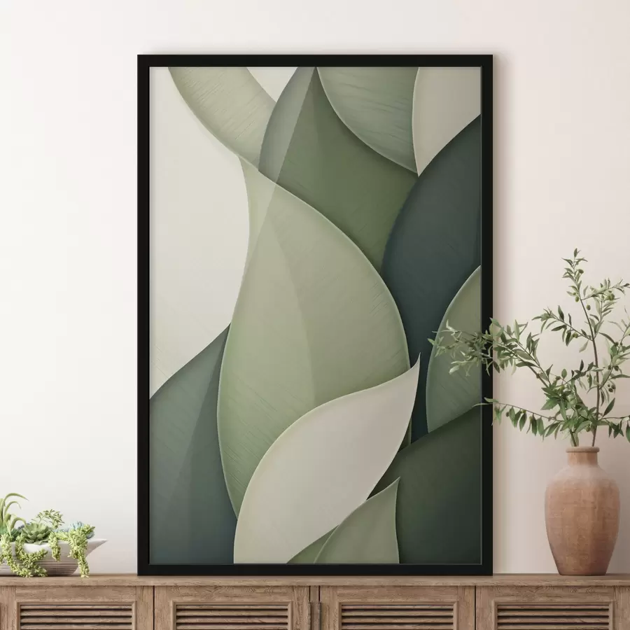 carta da parati Arte astratta con forme organiche sovrapposte nei toni del verde e del crema nr. f49778