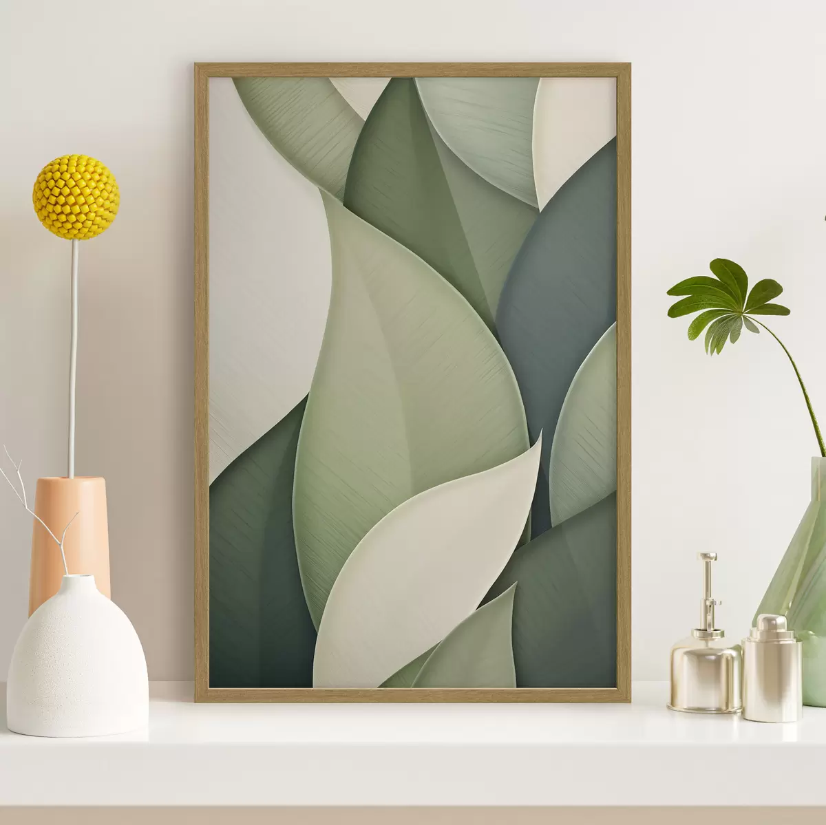 Poster Arte astratta con forme organiche sovrapposte nei toni del verde e del crema f49778
