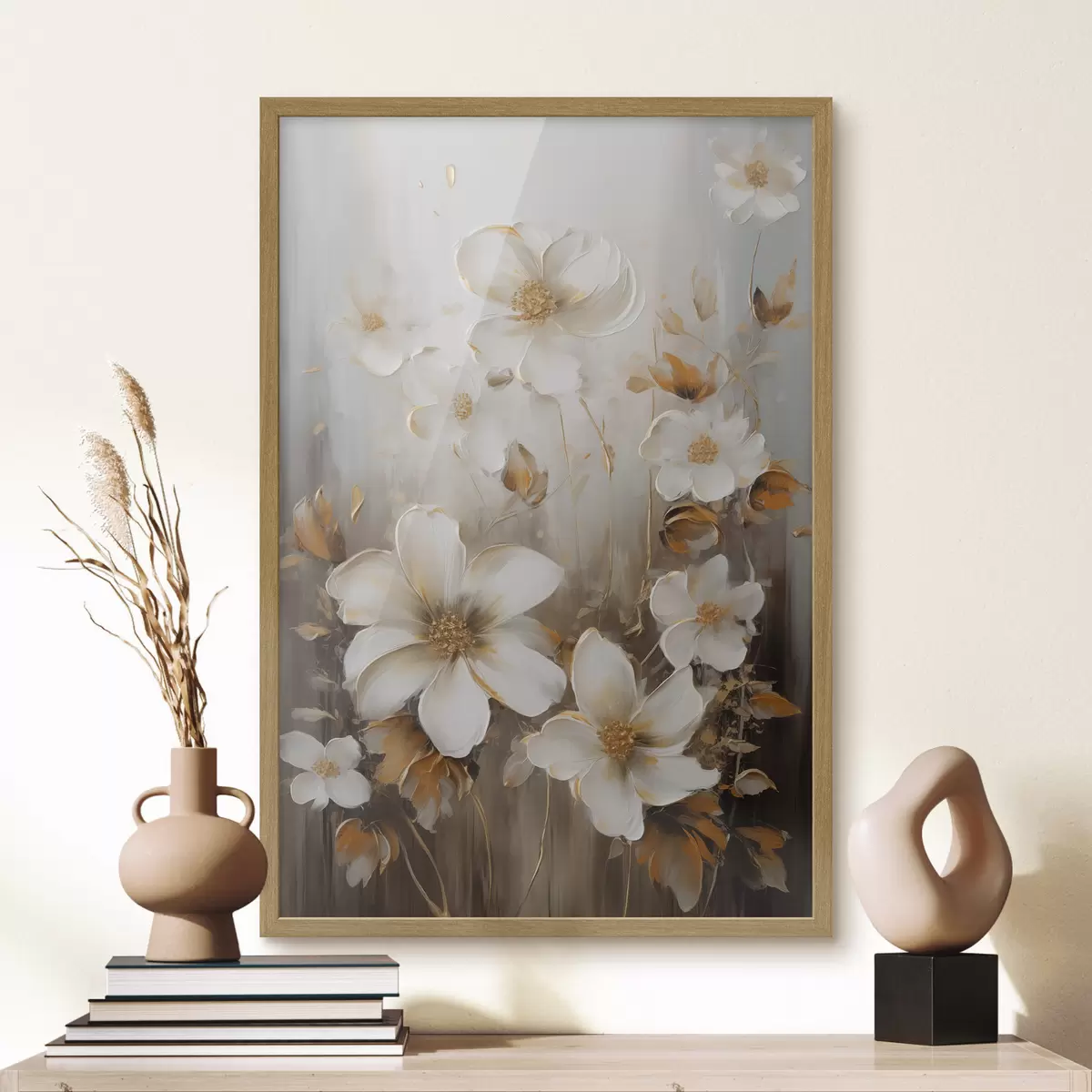 Poster Fiori bianchi con petali ruvidi e tocchi di giallo, sfondo astratto f49781