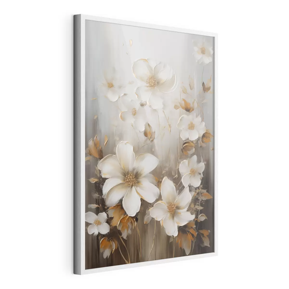 Poster Fiori bianchi con petali ruvidi e tocchi di giallo, sfondo astratto f49781