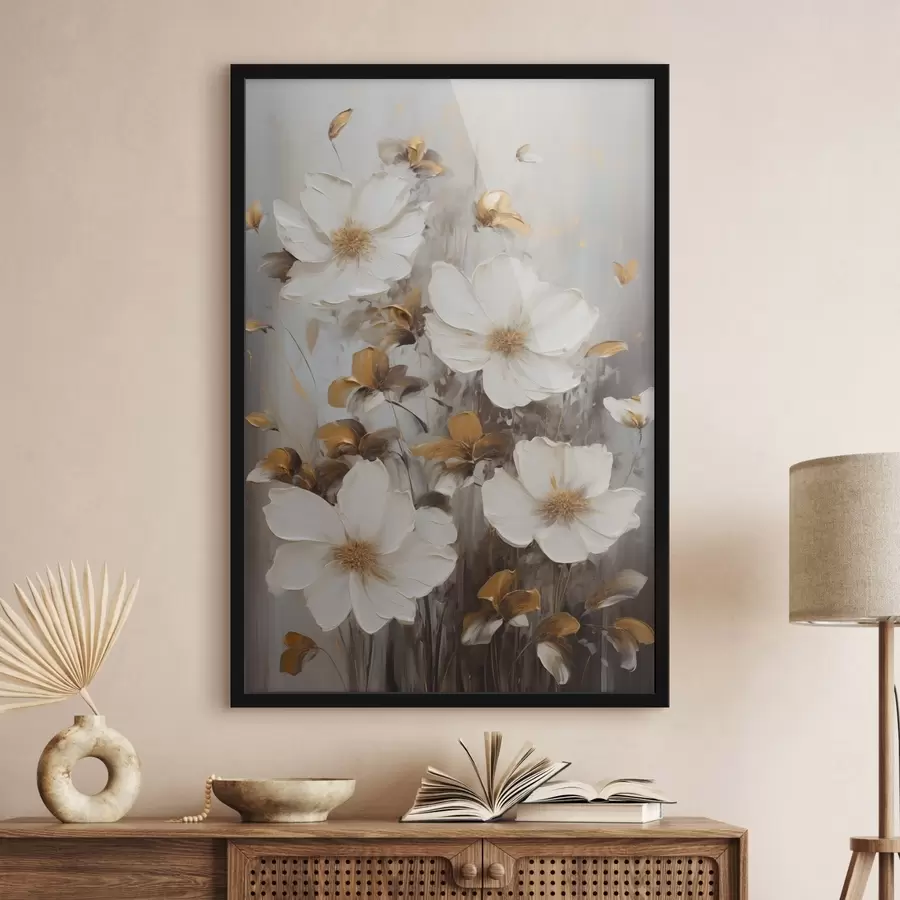 carta da parati Fiori bianchi con petali ruvidi e tocchi di giallo, sfondo astratto nr. f49782