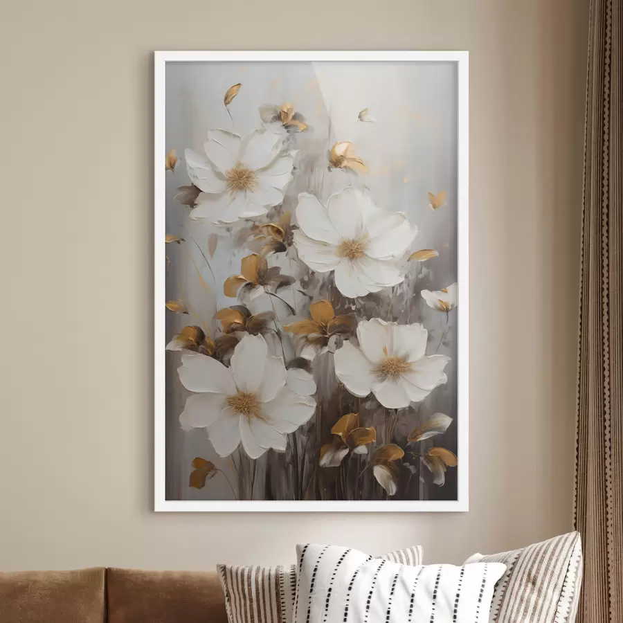 carta da parati Fiori bianchi con petali ruvidi e tocchi di giallo, sfondo astratto nr. f49782