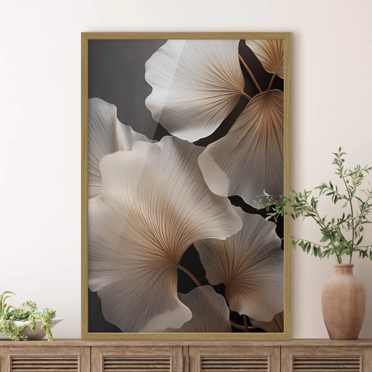 Poster Foglie di ginkgo traslucide su uno sfondo scuro f49783