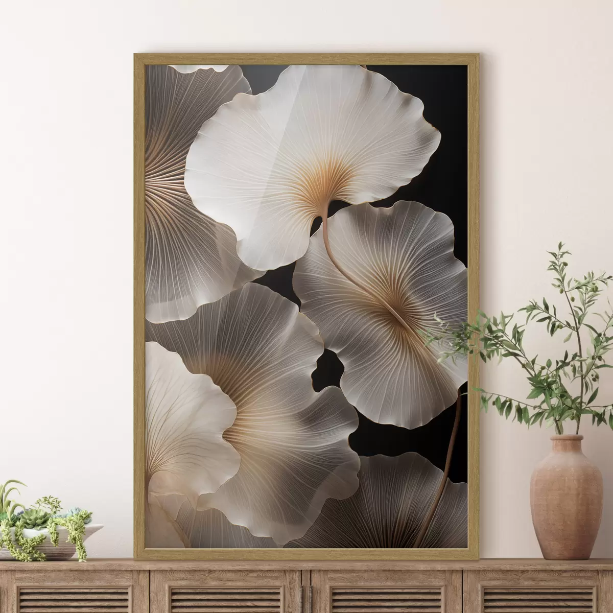 Poster Foglie di ginkgo traslucide su uno sfondo scuro f49784