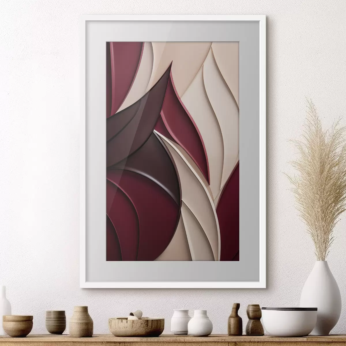 Poster Forme astratte e ondulate nei toni del bordeaux e del crema, con texture a strati f49787
