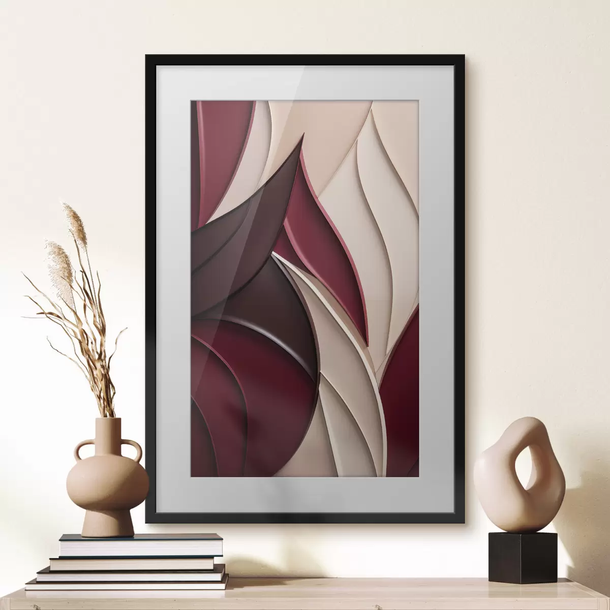 Poster Forme astratte e ondulate nei toni del bordeaux e del crema, con texture a strati f49787