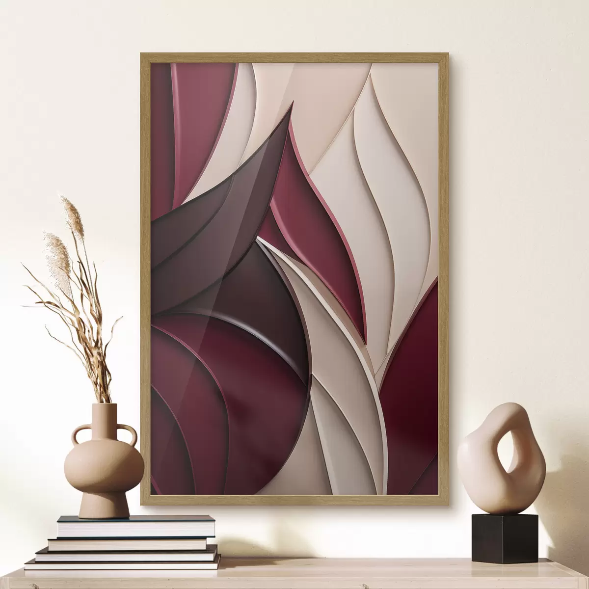 Poster Forme astratte e ondulate nei toni del bordeaux e del crema, con texture a strati f49787