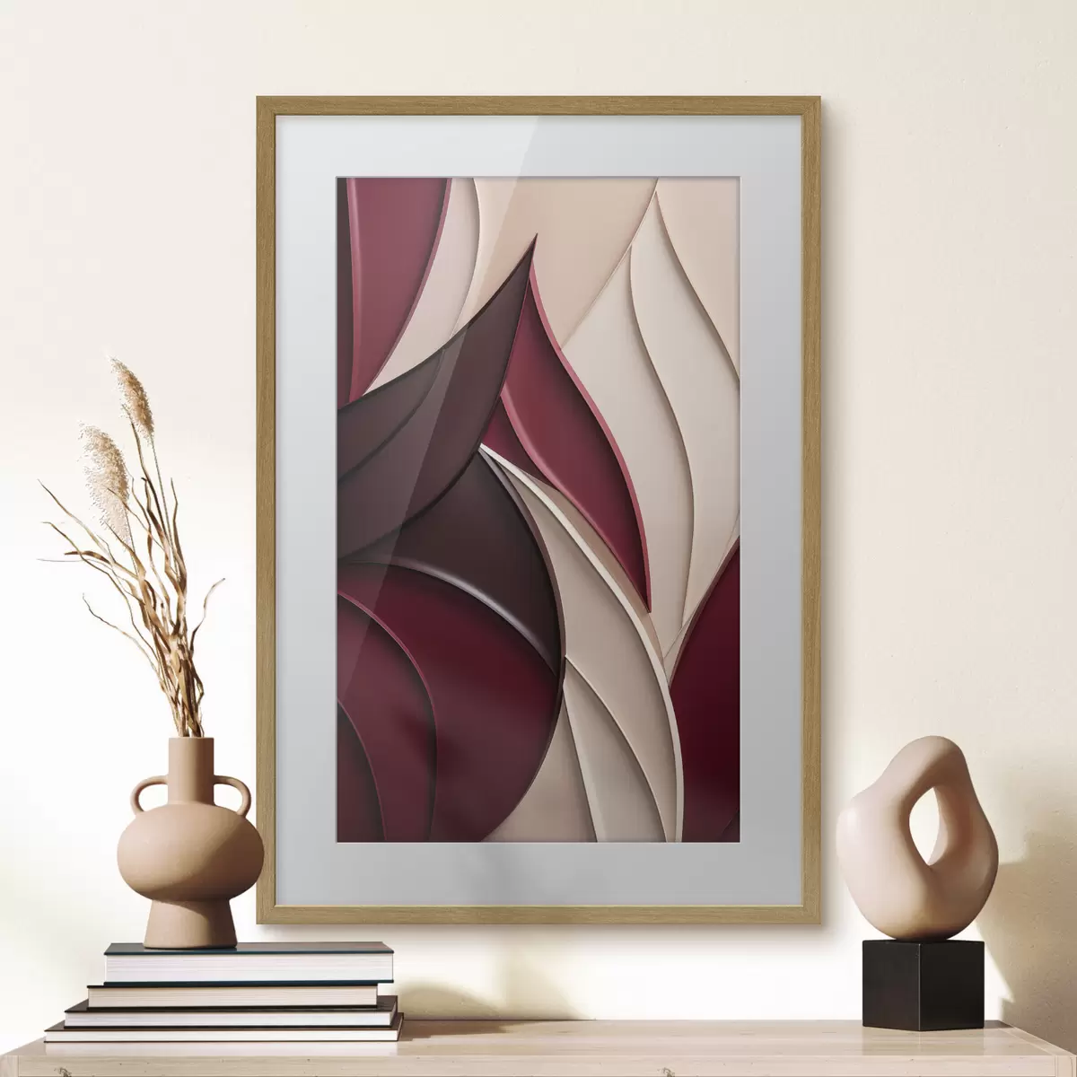 Poster Forme astratte e ondulate nei toni del bordeaux e del crema, con texture a strati f49787