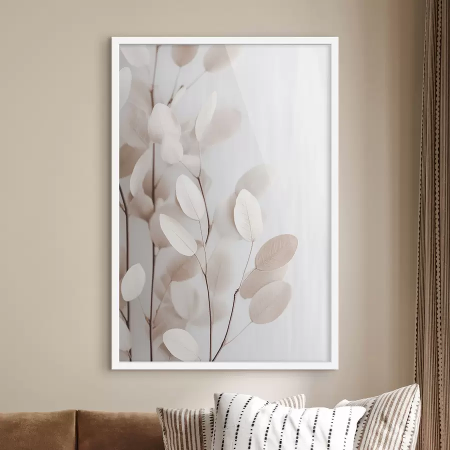 carta da parati Foglie di eucalipto color beige chiaro su uno sfondo chiaro e materico nr. f49793