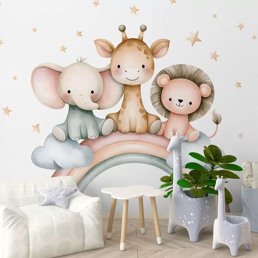 carta da parati un arcobaleno con animali tra le stelle, in stile acquerello nr. w05752