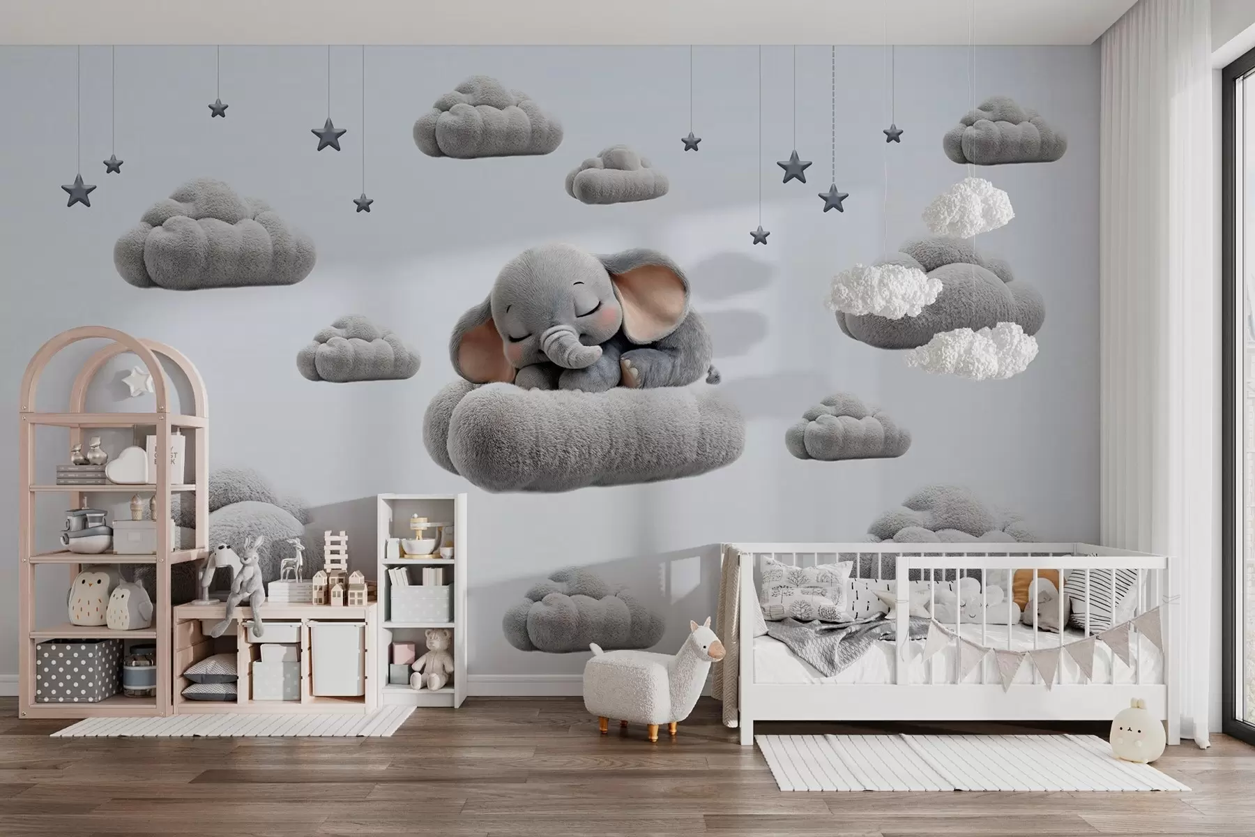 carta da parati un grazioso elefantino in stile 3D, che dorme tra soffici nuvole nr. w05754