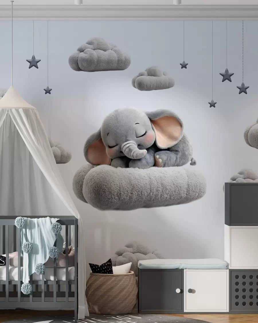 carta da parati un grazioso elefantino in stile 3D, che dorme tra soffici nuvole nr. w05754