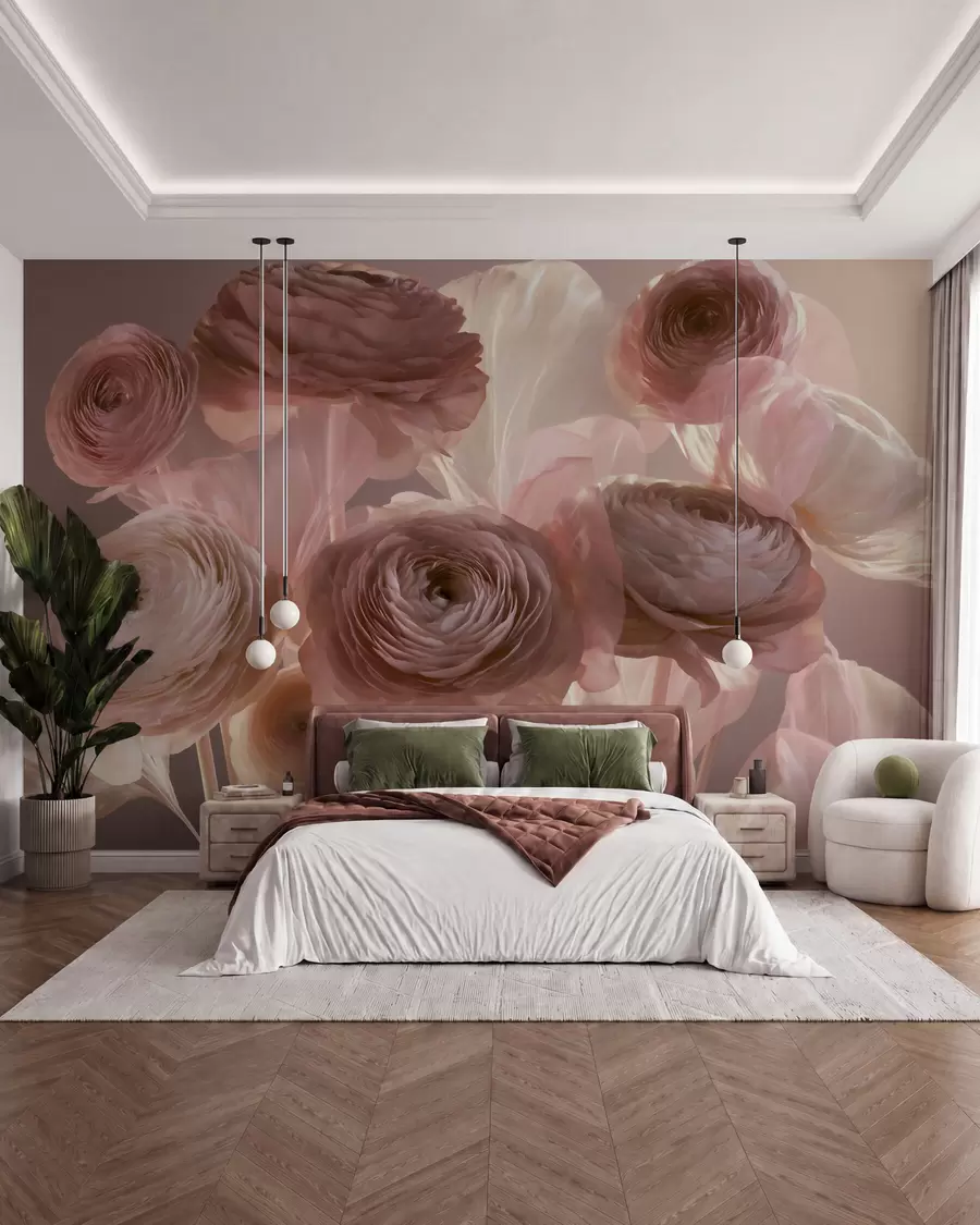 Carta da parati Floreale Grandi fiori di ranuncolo artistici nei delicati toni del rosa e del crema n. w09921