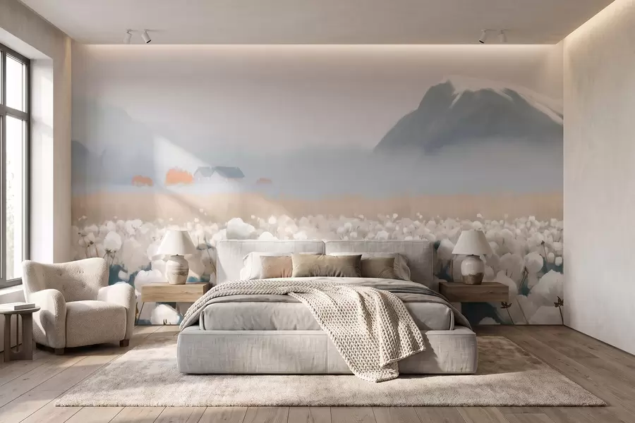 Carta da parati nature Campo di cotone in un paesaggio nordico avvolto dalla nebbia, in stile pittorico 