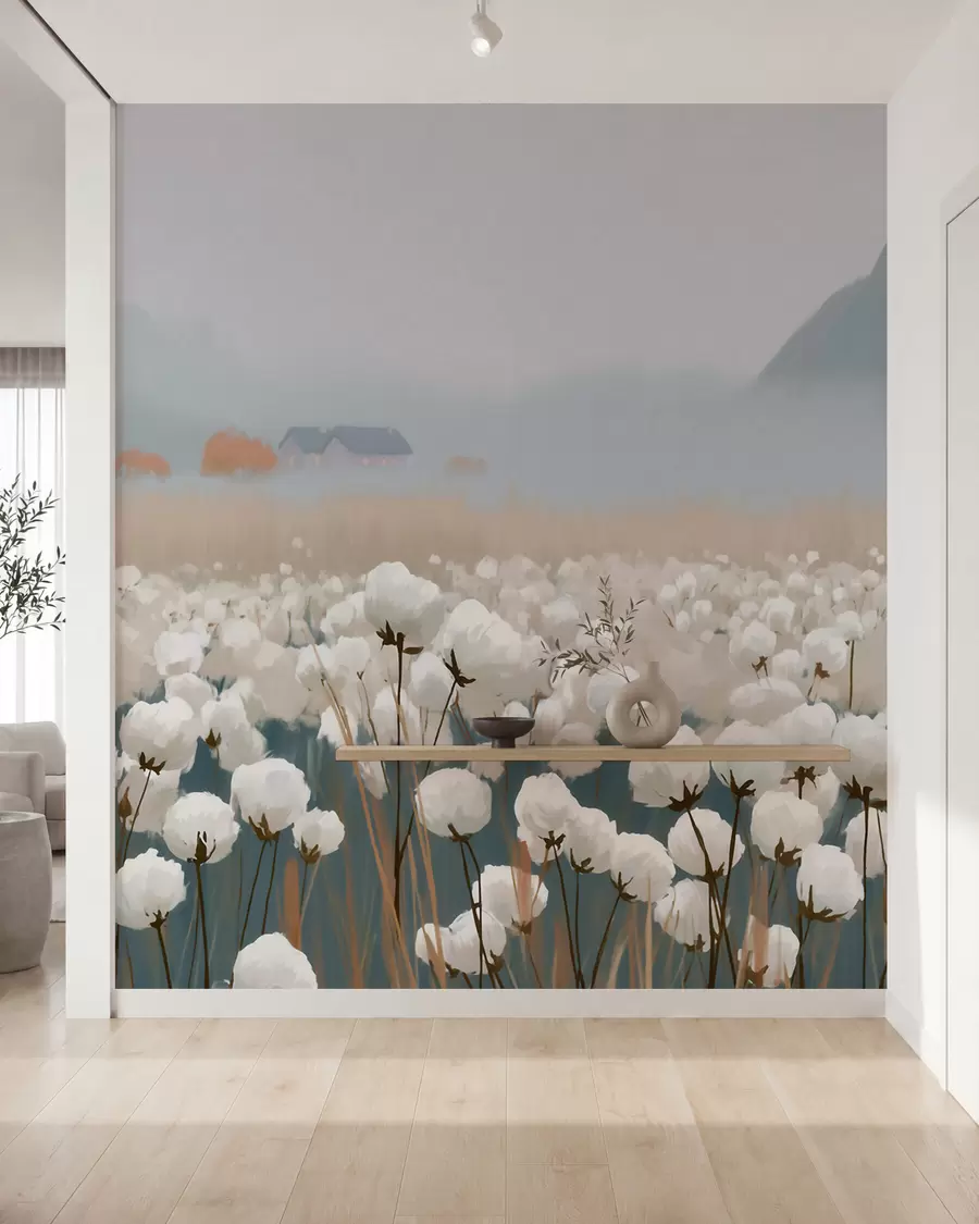 Carta da parati nature Campo di cotone in un paesaggio nordico avvolto dalla nebbia, in stile pittorico 