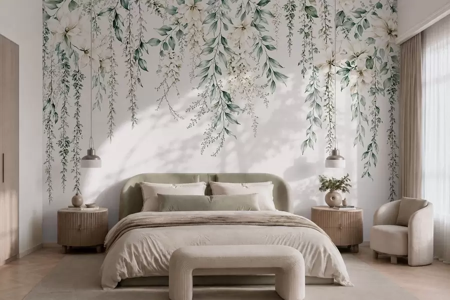 Carta da parati Floreale Fiori a cascata e fogliame verde su uno sfondo chiaro n. w05736