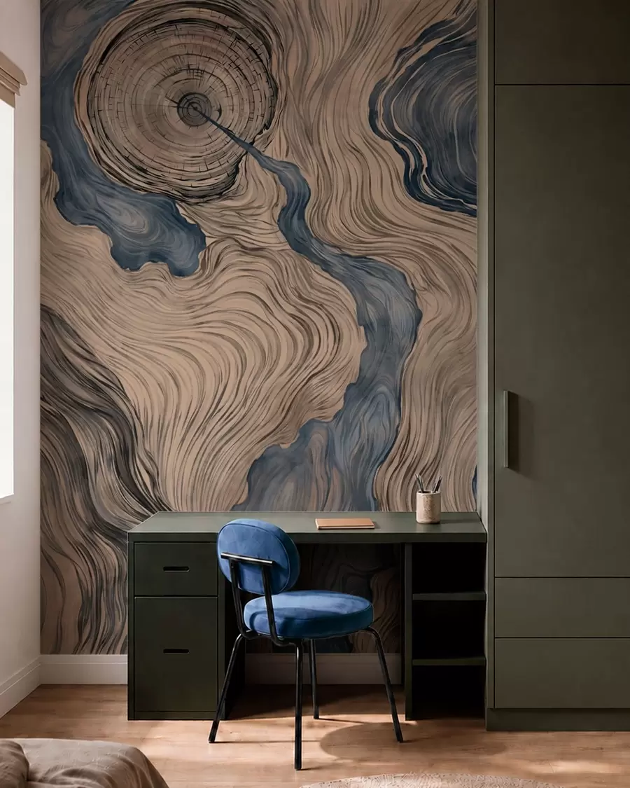 carta da parati Un motivo astratto con un disegno lineare che riproduce le venature del legno, nei toni del blu nr. w05729v1