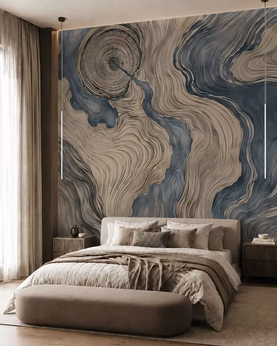 carta da parati Un motivo astratto con un disegno lineare che riproduce le venature del legno, nei toni del blu nr. w05729v1