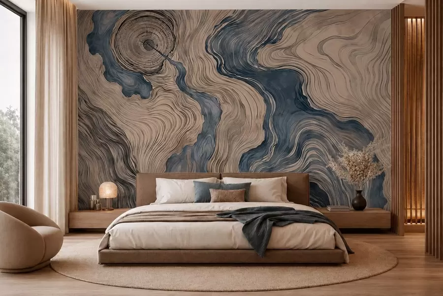 carta da parati Un motivo astratto con un disegno lineare che riproduce le venature del legno, nei toni del blu nr. w05729v1
