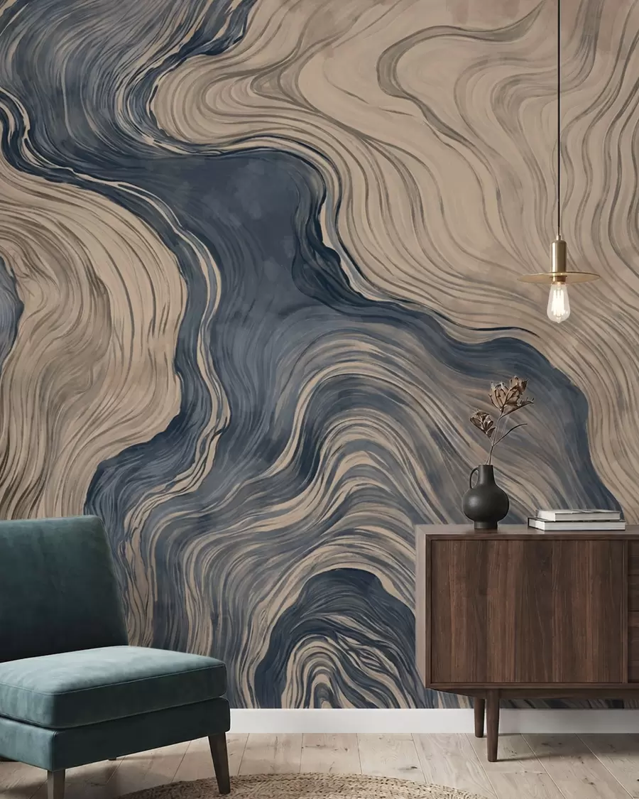 carta da parati Un motivo astratto con un disegno lineare che riproduce le venature del legno, nei toni del blu nr. w05729v1