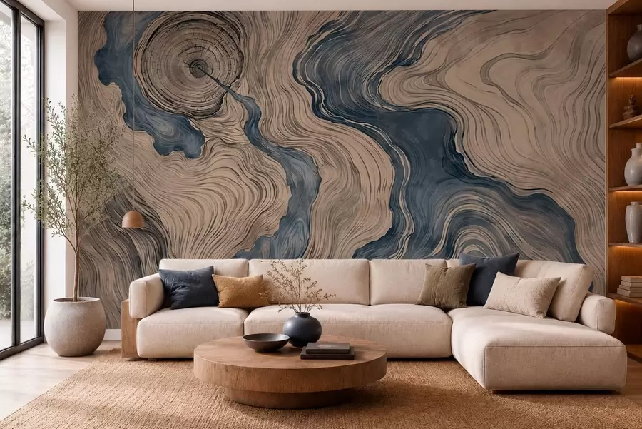carta da parati Un motivo astratto con un disegno lineare che riproduce le venature del legno, nei toni del blu nr. w05729v1