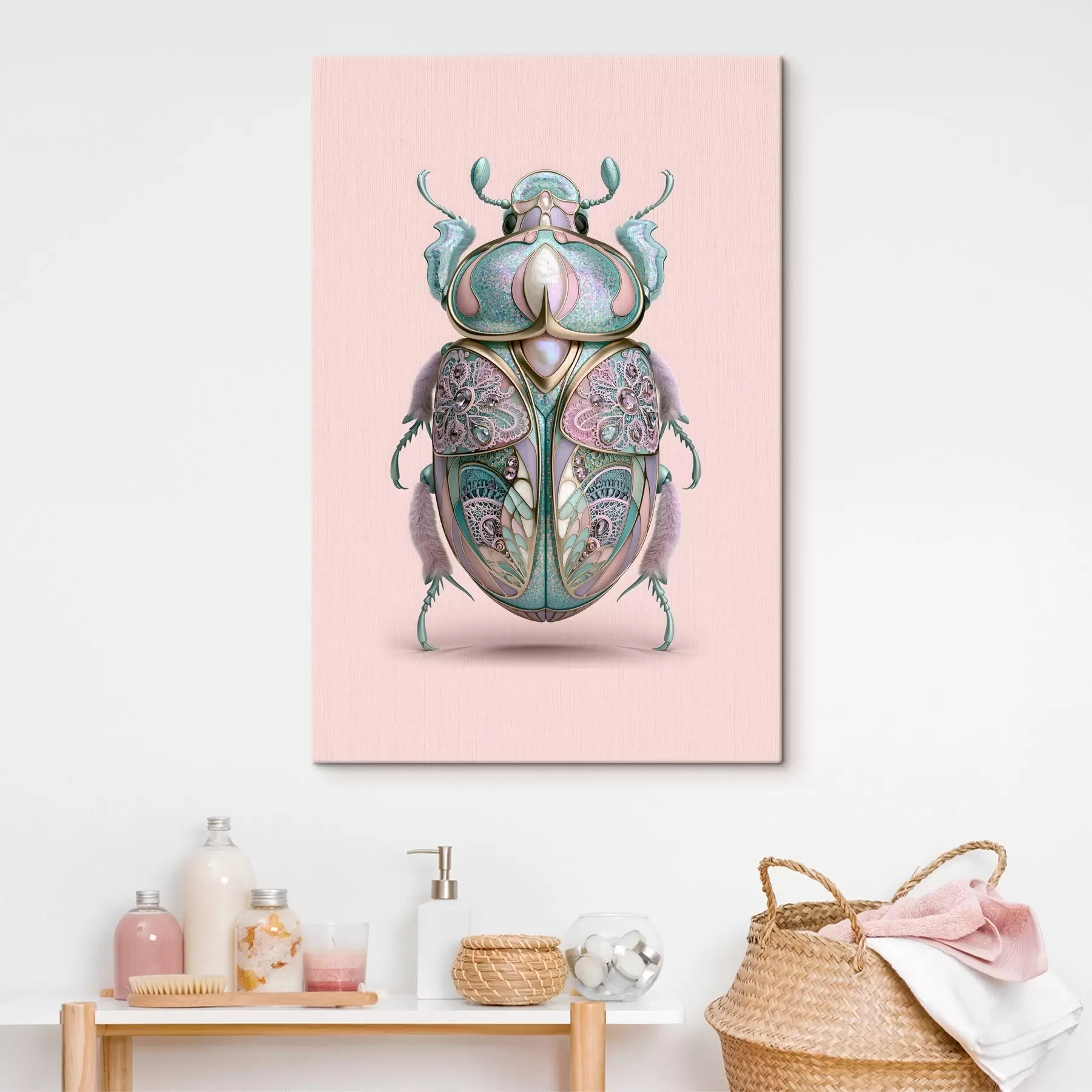 carta da parati Un coleottero raffigurato come se fosse un gioiello prezioso su uno sfondo rosa nr. s49863