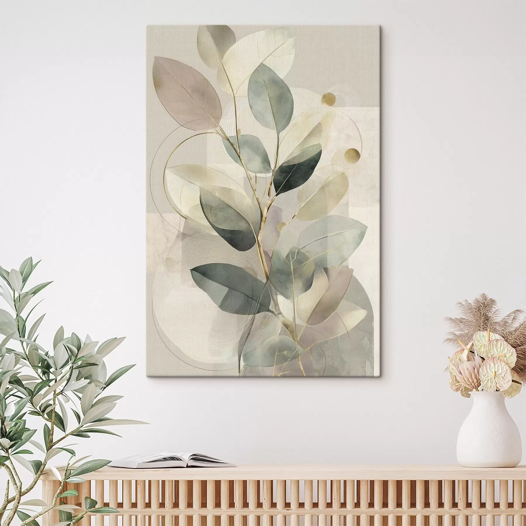 carta da parati Opera d'arte astratta in stile minimalista e botanico, raffigurante un elegante ramo d'ulivo con delicate foglie color verde salvia e beige caldo nr. s49878