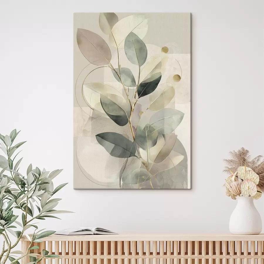 carta da parati Opera d'arte astratta in stile minimalista e botanico, raffigurante un elegante ramo d'ulivo con delicate foglie color verde salvia e beige caldo nr. s49878