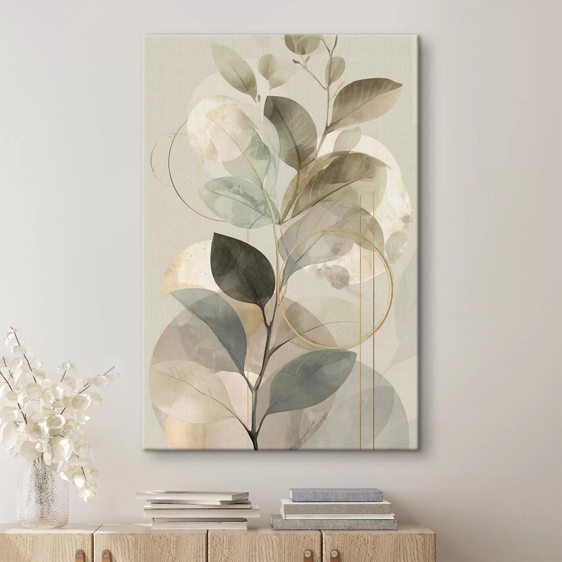 carta da parati Opera d'arte astratta in stile minimalista e botanico, raffigurante un elegante ramo d'ulivo con delicate foglie color verde salvia e beige caldo nr. s49879
