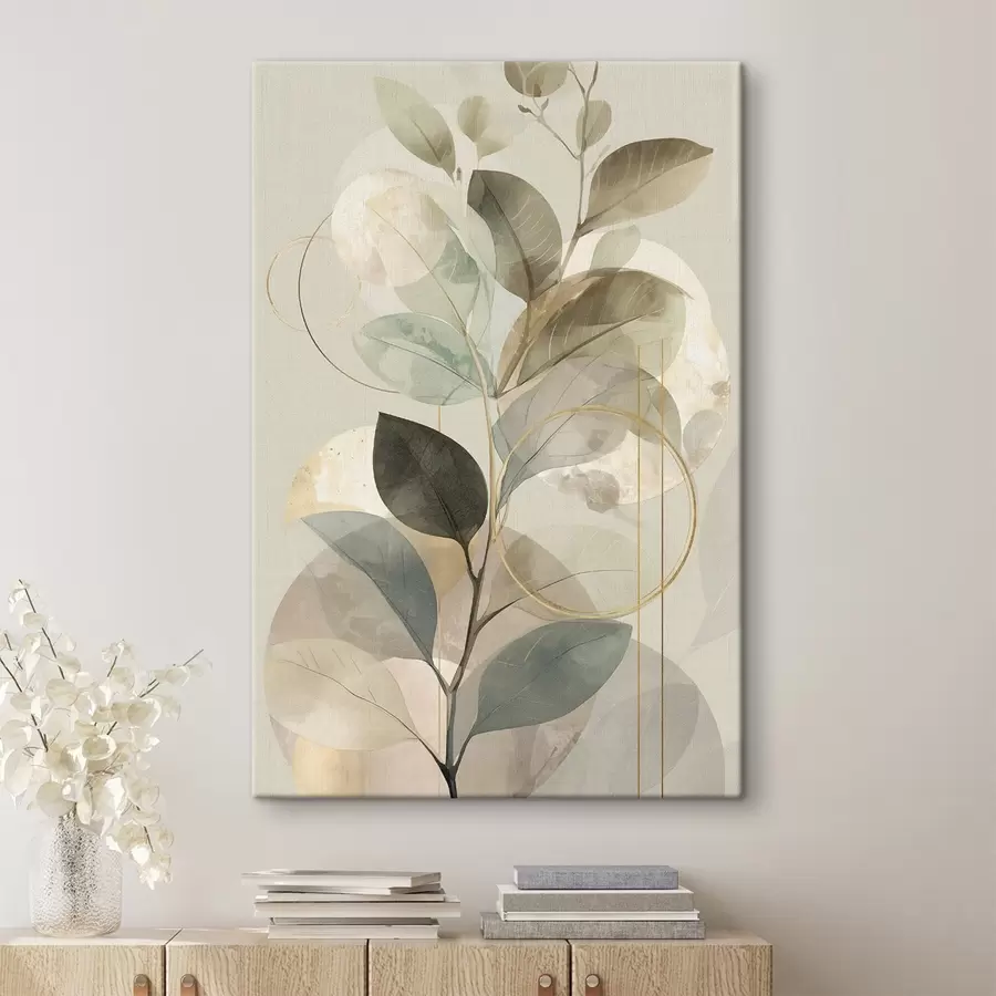 carta da parati Opera d'arte astratta in stile minimalista e botanico, raffigurante un elegante ramo d'ulivo con delicate foglie color verde salvia e beige caldo nr. s49879