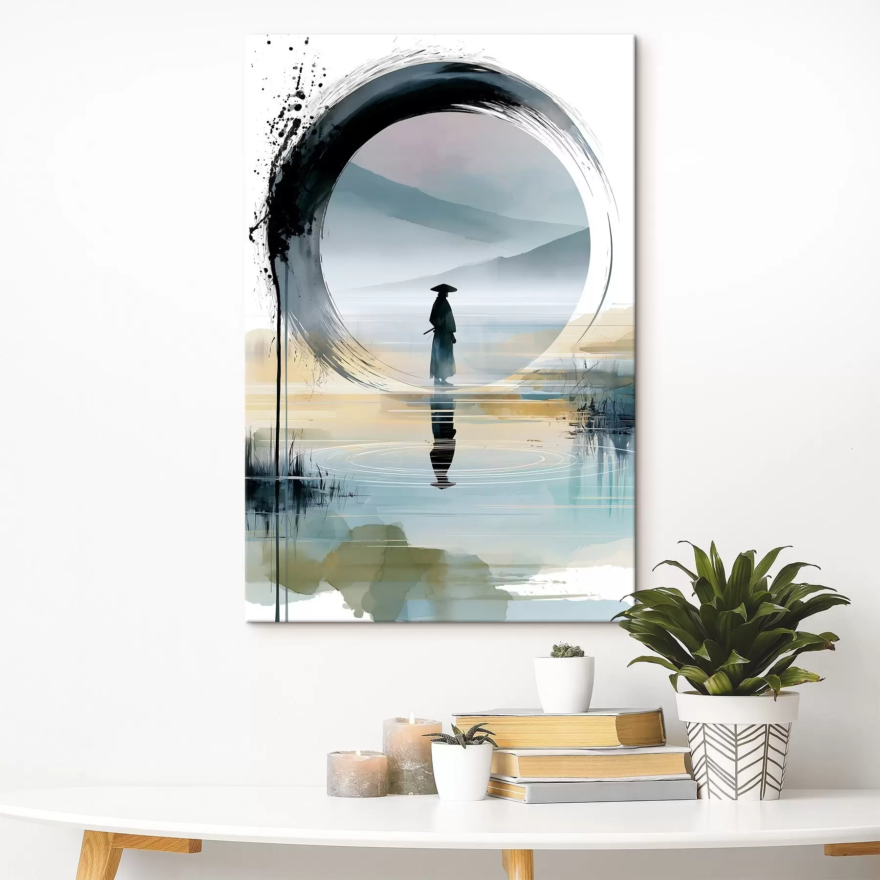carta da parati Un'illustrazione zen contemporanea che raffigura un samurai, un cerchio enso, un paesaggio ad acquerello e un riflesso nello specchio nr. s49880
