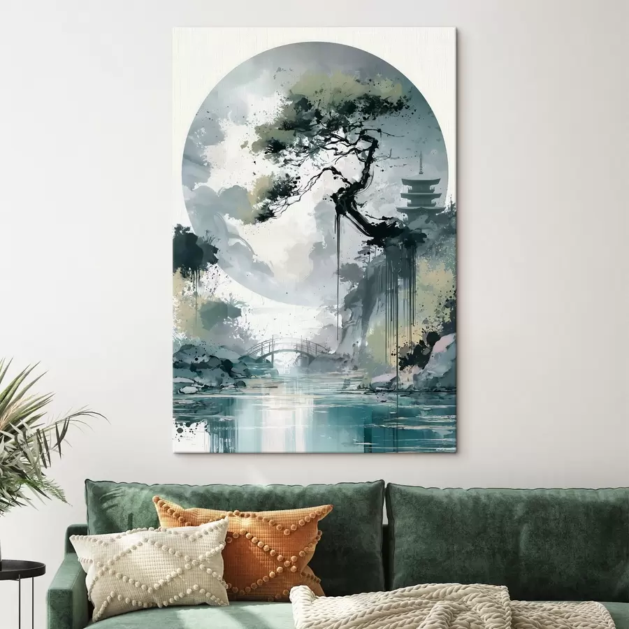 carta da parati Un paesaggio in stile sumi-e giapponese che raffigura un pino slanciato, un ponte e una pagoda sullo sfondo di acque tranquille nr. s49881