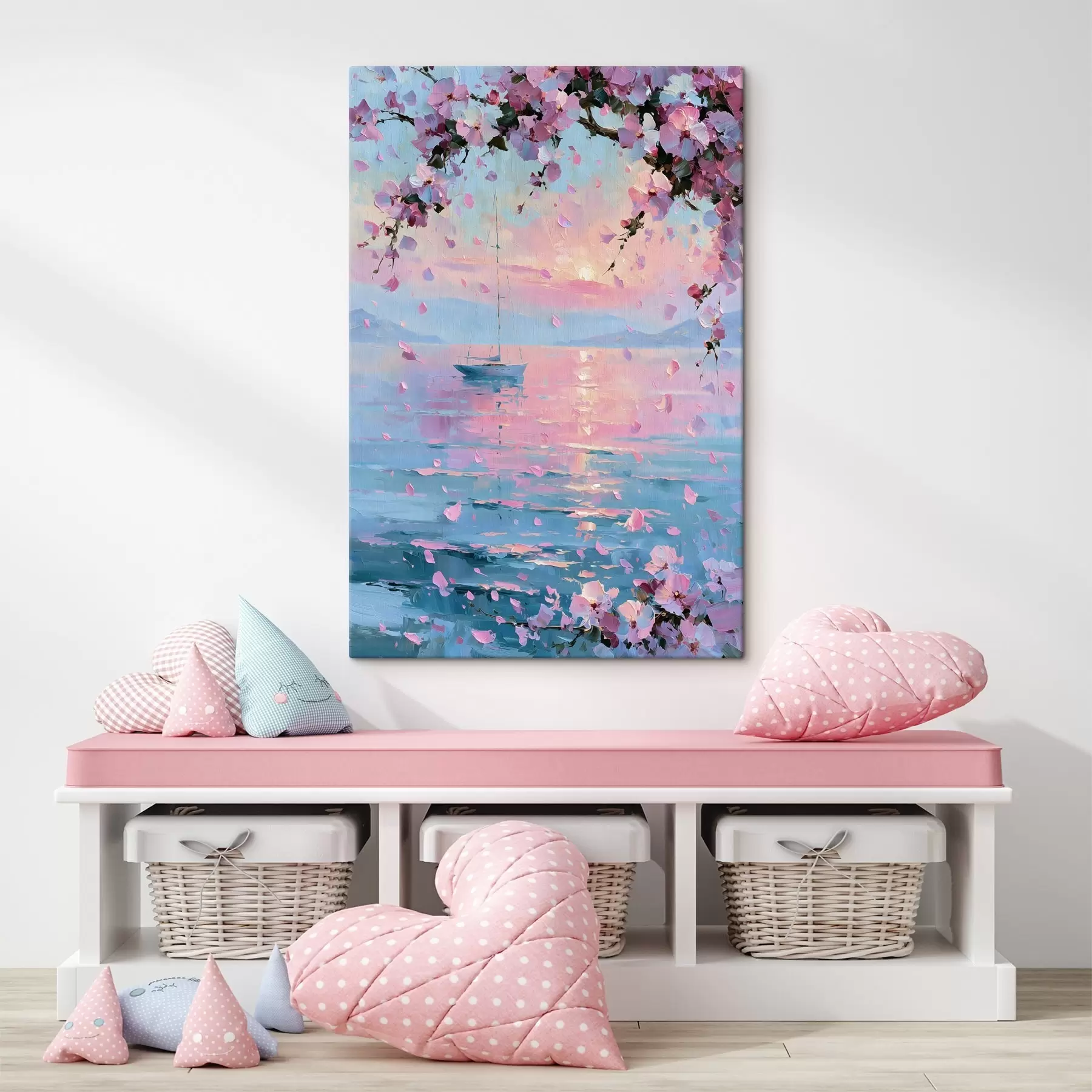 carta da parati Un elegante yacht bianco in mare al tramonto, sotto i rami in fiore di un albero di sakura rosa, nello stile di un dipinto a olio nr. s49883