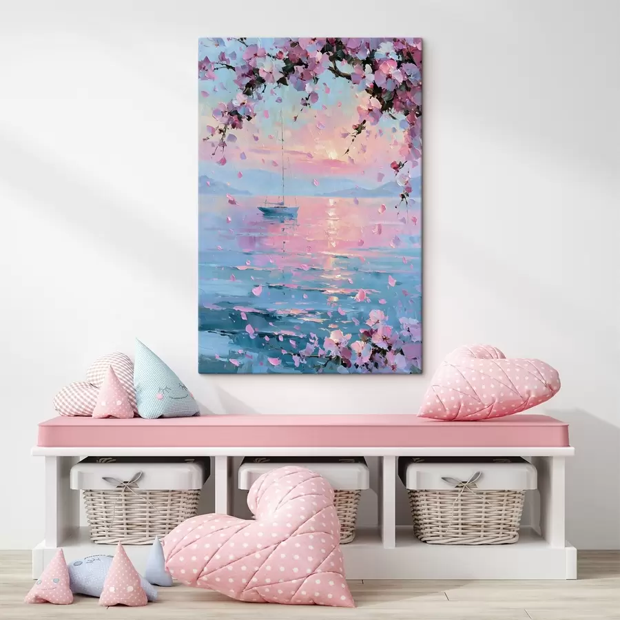 carta da parati Un elegante yacht bianco in mare al tramonto, sotto i rami in fiore di un albero di sakura rosa, nello stile di un dipinto a olio nr. s49883
