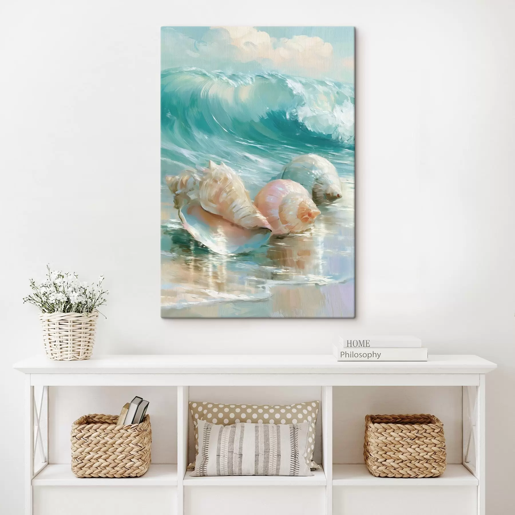 carta da parati Una tranquilla natura morta costiera: tre delicate conchiglie adagiate sulla sabbia liscia e umida in riva al mare, in stile pittura a olio nr. s49884
