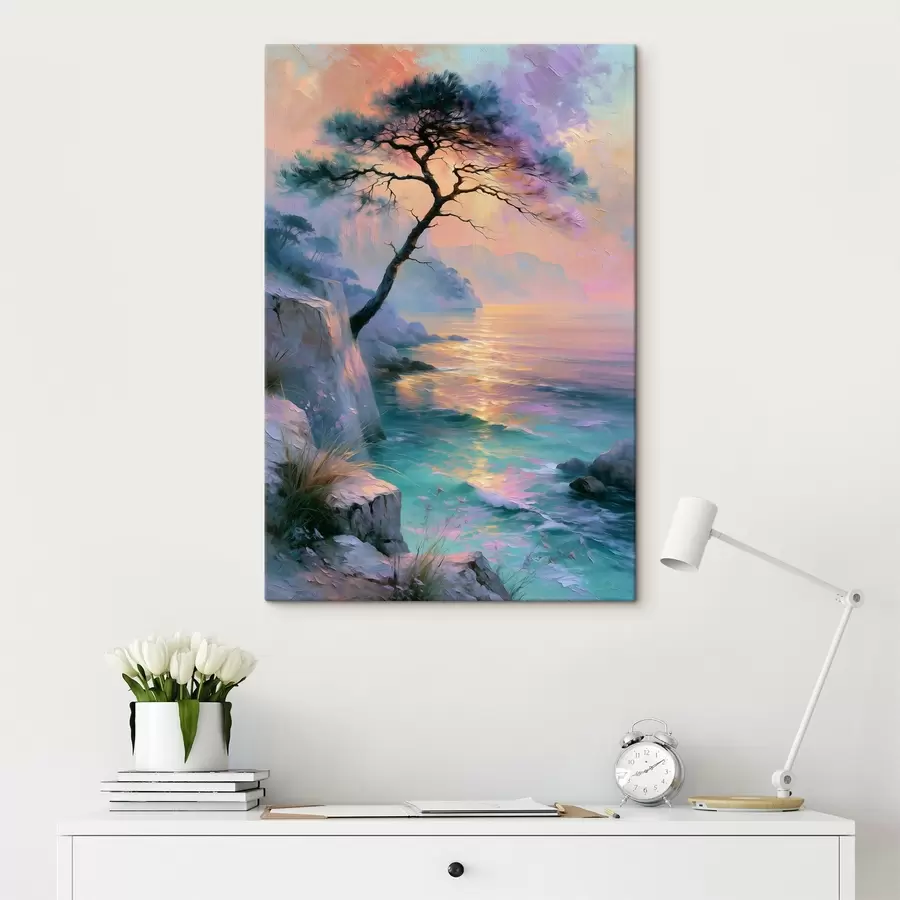 carta da parati Maestoso paesaggio della costa mediterranea al tramonto, dipinto in stile a olio, con in primo piano un antico pino segnato dalle intemperie nr. s49885