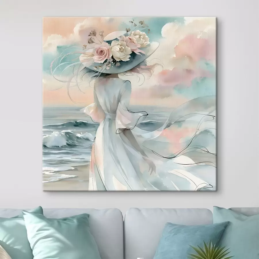 carta da parati Una ragazza romantica con un cappello a fiori in riva al mare, in stile acquerello nr. s49890