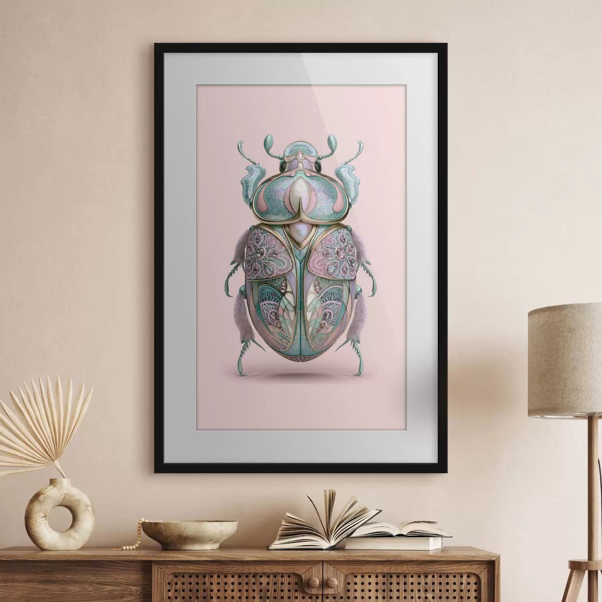 Poster Un coleottero raffigurato come se fosse un gioiello prezioso su uno sfondo rosa f49863