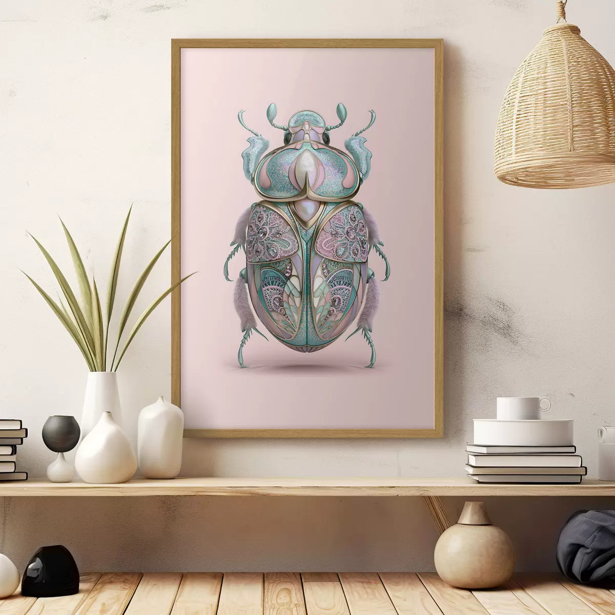Poster Un coleottero raffigurato come se fosse un gioiello prezioso su uno sfondo rosa f49863