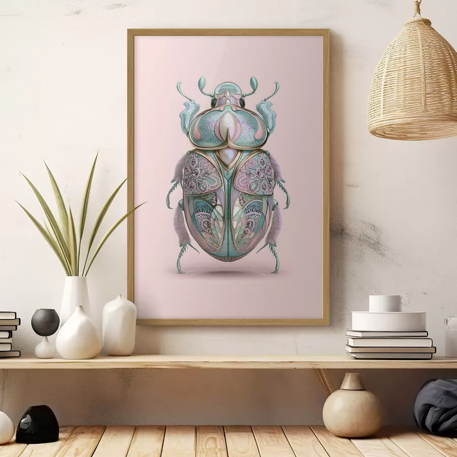 carta da parati Un coleottero raffigurato come se fosse un gioiello prezioso su uno sfondo rosa nr. f49863