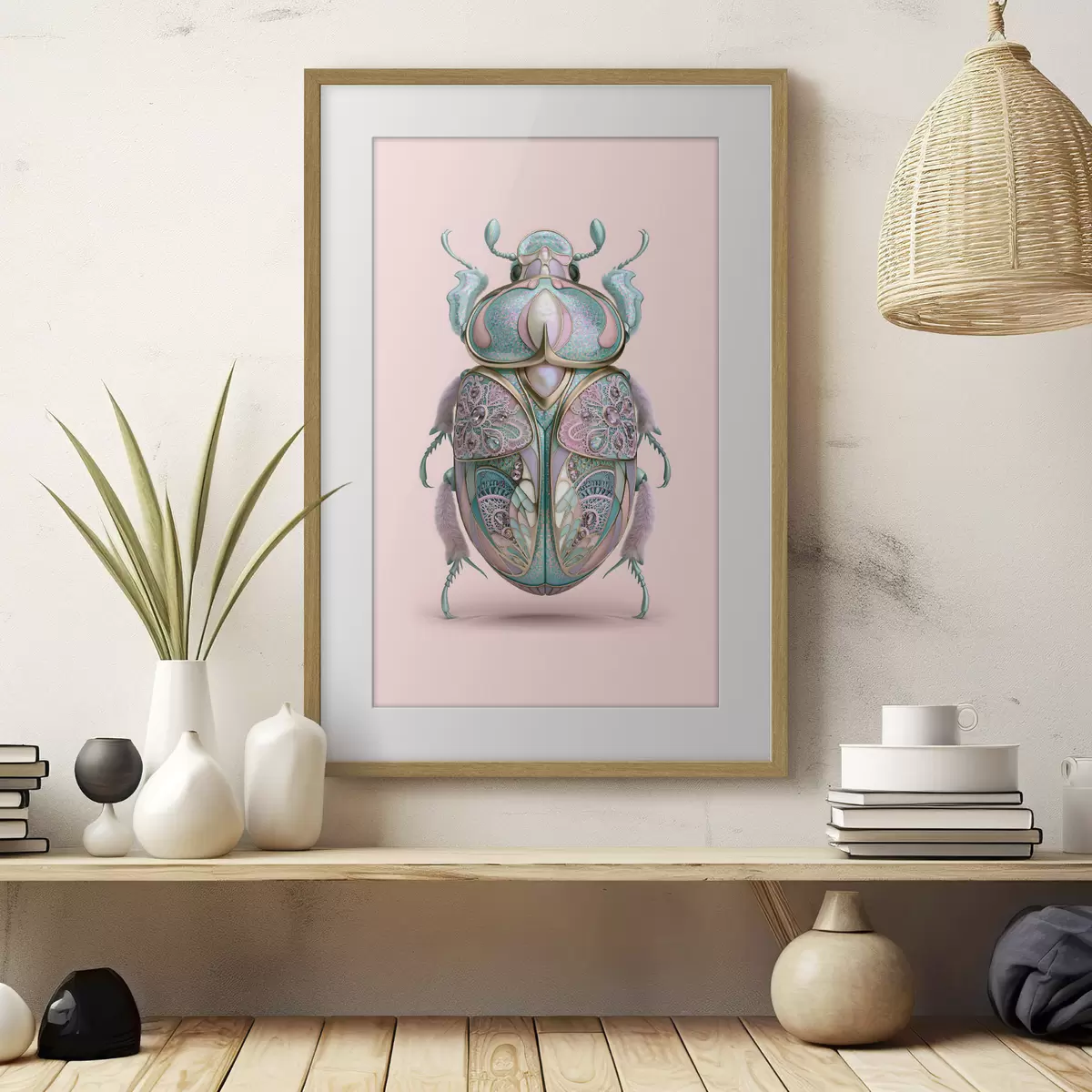 Poster Un coleottero raffigurato come se fosse un gioiello prezioso su uno sfondo rosa f49863