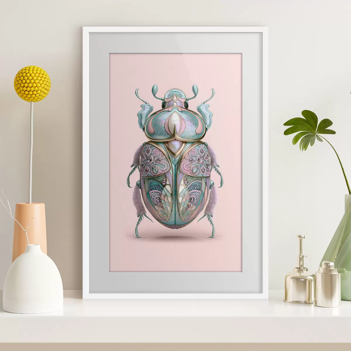 Poster Un coleottero raffigurato come se fosse un gioiello prezioso su uno sfondo rosa f49863