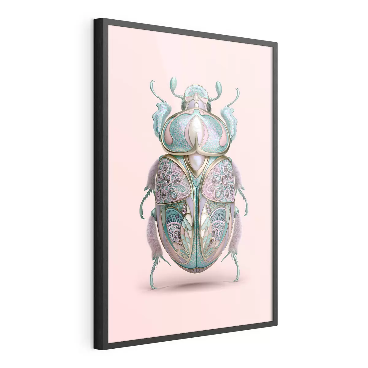 Poster Un coleottero raffigurato come se fosse un gioiello prezioso su uno sfondo rosa f49863