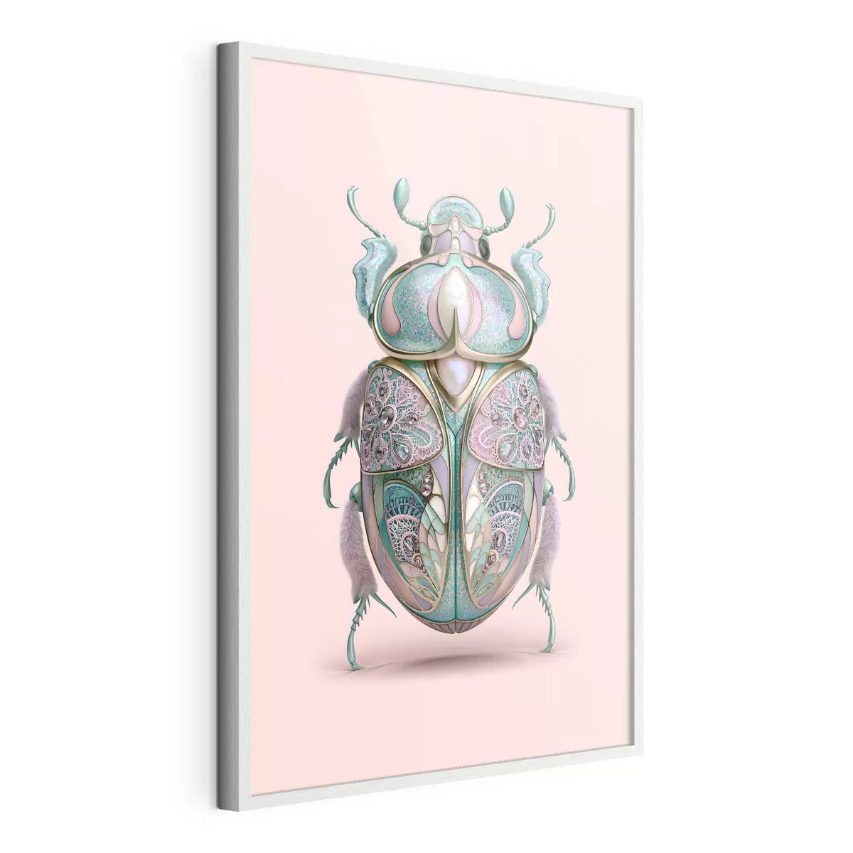 Poster Un coleottero raffigurato come se fosse un gioiello prezioso su uno sfondo rosa f49863