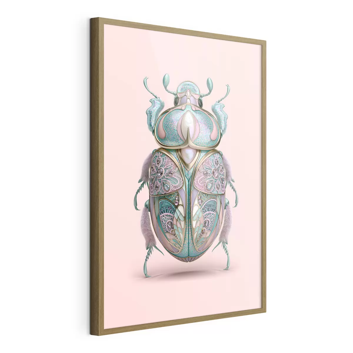 Poster Un coleottero raffigurato come se fosse un gioiello prezioso su uno sfondo rosa f49863