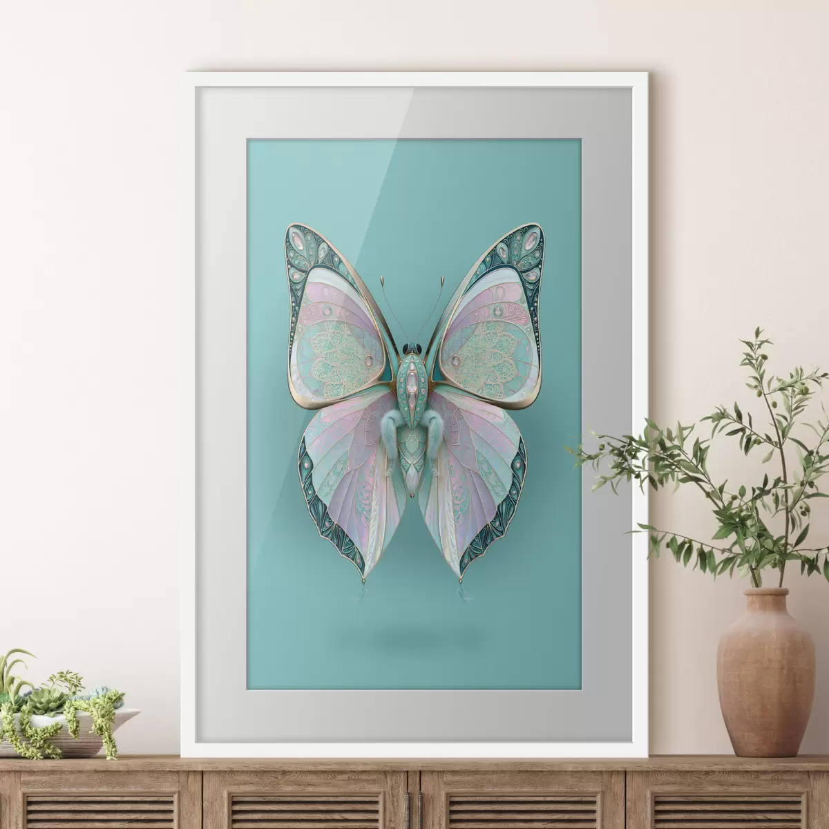 Poster Una farfalla in stile gioielleria di pregio su uno sfondo turchese f49864