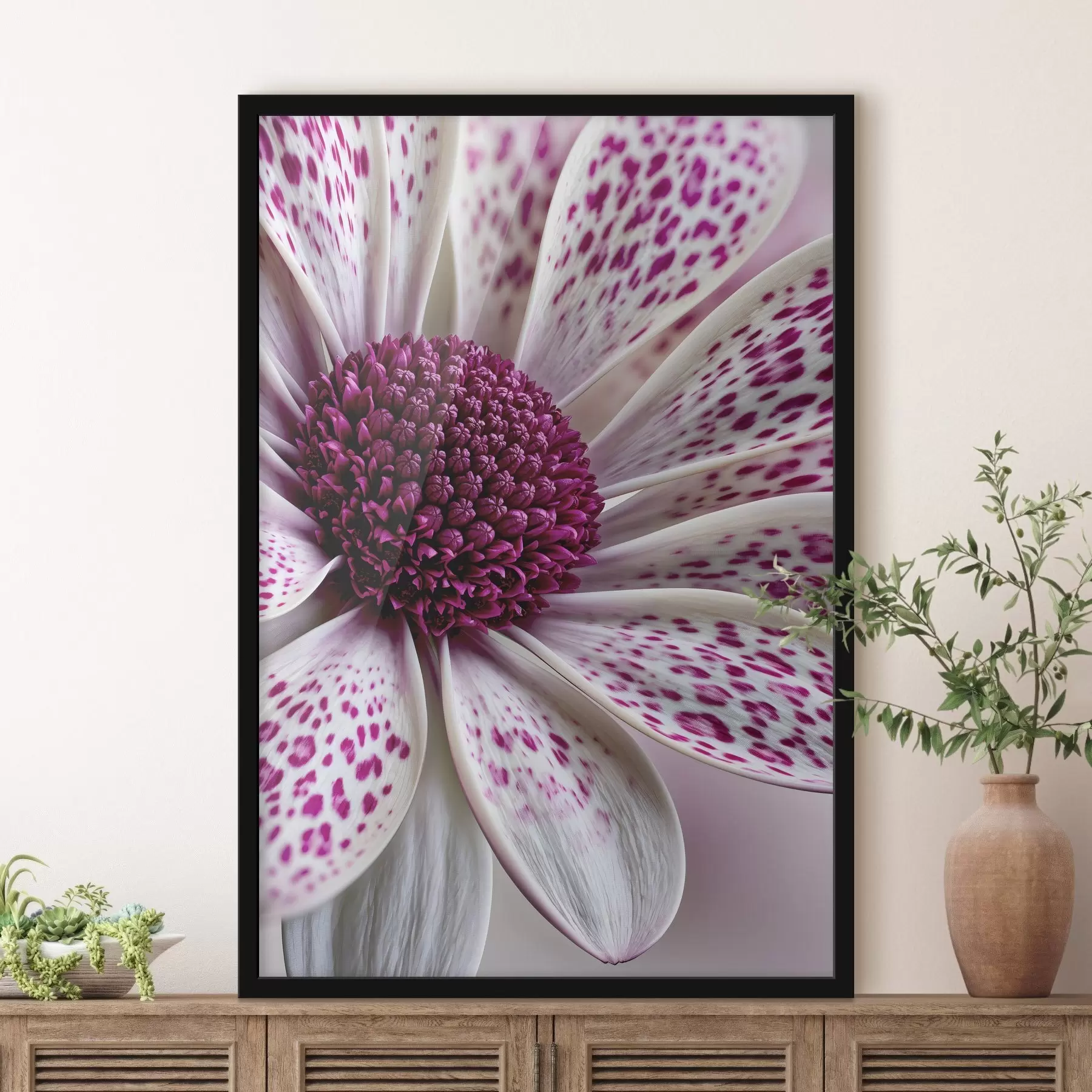 carta da parati Primo piano di un fiore simile a una margherita con vivaci macchie leopardate color magenta nr. f49865